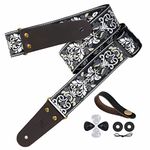 Nefelibata Guitar Strap, 2" Jacquard Embroidery Guitar Straps, Full Grain Leather Ends with Invisible Pocket, for Bass, Electric and Acoustic Guitars, Free Buckle, Strap Lock and Guitar Picks