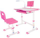 Hydroserenity Kids Desk and Chair Set, Height Adjustable Child's School Study Writing Tables with LED Lamps, Tiltable Kids Study Desk with LED Light, Storage Drawer, Book Stand (Rose)
