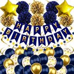 Recosis Birthday Decorations for Men, Navy Blue and Gold Happy Birthday Decorations with Banner Paper Pompoms for Boys Girls Men Women Birthday Party Decorations Supplies