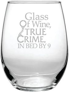 Glass of Wine, True Crime, In Bed by 9 (15 oz) Funny Birthday Wine Lover Glass Gift - Detective Theme, Unsolved Mysteries Fan, Halloween Wine Glasses, Crime Scene Stories - High Quality Womens Gifts