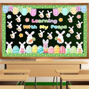 Auch Easter Bulletin Board Decorations Set - 79 Pcs Spring Classroom Decor with Bunnies & Easter Eggs, “Learning with My Peeps” Bulletin Board Kit for School Classroom Daycare Preschool