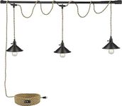 Triple Pendant Light with Plug in Pendant Light,22FT Industrial Hanging Lamp with Twisted Hemp Rope Independent Triple Switch Hanging Light Chandelier,Black Finish