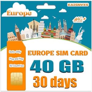 KAISNVXS Plug and Play Prepaid SIM Card for Europe Travel - EU 40GB Data SIM Card for 30 Days in 52 Countries, 5G/4G LTE High Speed Data Network, No Need Activation, Hotspot Support,Data Use Only