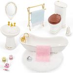 SAMCAMI Ceramic Dollhouse Furniture 1 12 Scale - Doll House Furniture Toys for Dollhouse Bathroom - Miniature Furniture Incl Toilet, Bathtub, Washbasin, Fluffy Carpet and Other Dollhouse Accessories