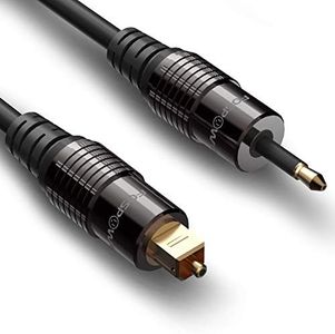 FosPower 24K Gold Plated Toslink to Mini Toslink Digital Optical S/PDIF Audio Cable with Metal Connectors & Strain-Relief PVC Jacket - 3ft