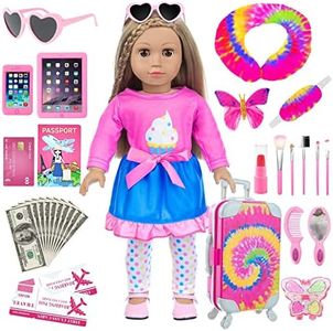 UZIDBTO American 18" Girl Doll Accessories - 18 Inch Doll Clothes with Travel Suitcase and Pretend Makeup Kit for Girls Includes Luggage, Sunglasses, Phone, Hair Clip and Makeup Set