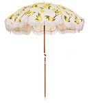 Business & Pleasure Co. Holiday Umbrella - Boho Beach Umbrella with Fringe - UPF 50+ Blocks 98% UV - Premium Wood Pole & Aluminum Hinge - Vintage Lemon