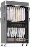 Homdox Rolling Garment Rack with Cover, Heavy Duty Clothing Rack for Hanging Clothes, Portable Closet Wardrobe with Adjustable Shelves, Double Rods Garment Rack with wheels, Gray Oxford Fabric Cover