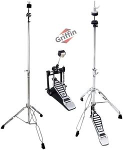 3 PACK - Hi-Hat Stand, Kick Drum Pedal & Straight Cymbal Stand Hardware Kit by GRIFFIN | Deluxe Full Size Percussion Chrome Hardware Set | Lightweight, Portable & Mobile, Perfect for Drummer Gigs