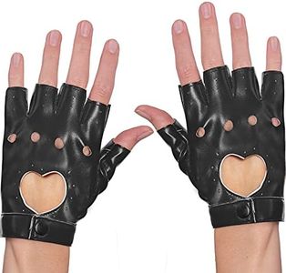 Skeleteen Fingerless Biker Jazz Gloves - 80s Style Gothic Black Faux Leather Punk Biker Gloves with Heart Cutout for Women and Kids