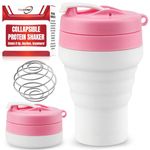 Protein Shaker Bottle Pink Collapsible - Food-Grade, Leakproof Lid 600mL/20oz Pink Shaker - Reusable Silicone Shaker Cups for Protein Shakes with Mixing Ball for Gym-goers & Travelers