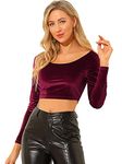 Allegra K Women's Velvet Long Sleeve Off Shoulder Solid Crop Top Burgundy Small