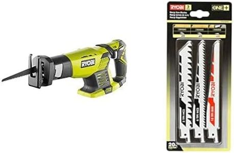 RYOBI - Scie Sabre 18V ONE+ - Course de Lame 22mm - Capacité Coupe 18cm - Patin Ajustable, Poignée Gripzone, Anti-Vibration - Changement de Lame sans Outil & Blister 3 lames spéciales scie sabre
