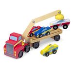 Melissa & Doug Magnetic Car Loader Wooden Toy Set With 4 Cars and 1 Semi-Trailer Truck | Crane Wooden Toy, Vehicle Toys For Kids Ages 3+