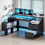 YITAHOME L Shaped Desk with Power Outlets, 65" Computer Desk with 3 Drawers & 4 Storage Shelves, Corner Office Desk with LED Lights & Printer Stand, Black