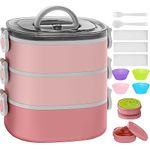 KHOXU Bento Lunch Box, Stackable 3 Layers Bento Box Adult Lunch Box, 94OZ Large Capacity Lunch Containers, Lunch Box Kids with Accessories Kit , Leak-Proof, Food-Safe Materials, Pink