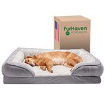 Furhaven Cooling Gel Dog Bed for Large Dogs w/ Removable Bolsters & Washable Cover, For Dogs Up to 95 lbs - Plush & Velvet Waves Perfect Comfort Sofa - Granite Gray, Jumbo/XL, 40.0"L x 32.0"W x 9.5"Th