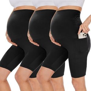 UBCUTE 3 Pack Maternity Shorts Over The Belly with Pockets-8” Pregnancy Biker Workout Yoga Active Pajama Short Pants, Black+black+black, M