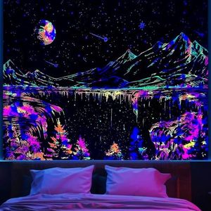 Apdidl Blacklight Mountains Tapestry for Bedroom Aesthetic Space Moon and Stars Starry Night Wall Tapastries Nature Forest Black and White Landscape Backdrop for Living Room Ceiling Decor(51" X 60")