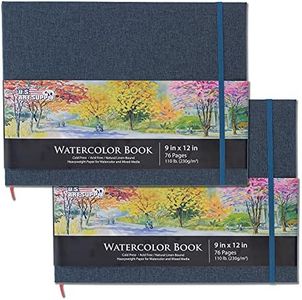 U.S. Art Supply 9" x 12" Watercolor Book, 2 Pack, 76 Sheets, 110 lb (230 GSM) - Linen-Bound Hardcover Artists Paper Pads - Acid-Free, Cold-Pressed, Brush Painting & Drawing Sketchbook Mixed Media