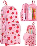 Dravina Large Capacity Pencil Pouch | Aesthetic Stationary Standing Pencil Case with 3 Zippers & 5 Compartments | Waterproof School Pouch for Girls & Boys, Office, College (Pink Strawberry)