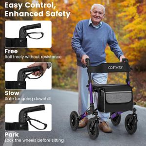 COSTWAY Folding Rollator Walker – Adjustable Seat, All-Terrain Tires, Purple