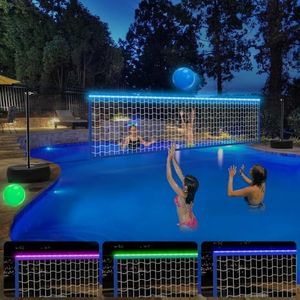 Alpcouts Pool Volleyball Net Set with Lights, Solar Powered Adjustable Portable Pool Volleyball Net with Weighted Base, Length 15-32ft, Outdoor Volleyball Net with 2 Volleyballs for Pool.