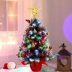 Fayavoo 60cm Mini Christmas Tree Artificial Tabletop Christmas Tree with Lights Christmas Baubles Ball Ornaments, Potted Small Xmas Tree with Christmas Tree Star for Christmas Decorations