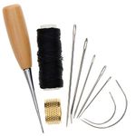 KeyZone 7 Pieces Hand Sewing Needles with Leather Waxed Thread Cord Drilling Awl and Thimble for Upholstery Carpet Leather Repair