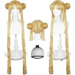 Uniquebe Long Curly Blonde Wig with Bangs Ponytails for Anime Cosplay, Blonde Anime Wig with Pigtails, Bangs + Net Cap for Girls