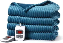 CAROMIO Electric Blanket Queen Size Dual Control 84x90 Inch - Soft Ribbed Flannel Heated Blanket with 6 Heating Levels & 20 Time Settings, Fast Heating Blanket with Enlarged Heating Area, Teal