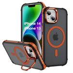 PASNEW for iPhone 14 Case,Compatible with MagSafe Wireless Charging,Non-Yellowing,Camera Stash Stand,Scratch-Resistant Back Cover,Slim Shockproof Magnetic Phone Cases for iPhone 13,Clear Orange