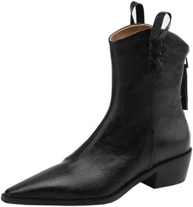 CUTEHEELS Bottines d'hiver en cuir véritable pour femme avec bout pointu et talon épais / bottes de cowboy western avec fermeture éclair à l'arrière, Noir , 40 EU