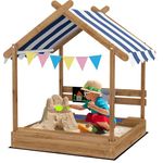 Outsunny Sand Pit Wooden Sandpit Kids Sandbox House for Outdoors, Gardens with Canopy, Liner, Blackboard, Sink, Seats, Flags, for Ages 3-7 Years - Brown