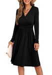 GRECERELLE Womens Autumn Wrap Dress Ladies Casual Long Sleeve V-Neck Midi Dresses for Women (Black, L)