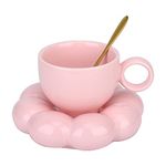 XinHuiGY Flower Coffee Mug,Ceramic Cloud Coffee Cup and Saucer Set,Cute Mug with Flower Spoon,Kawaii Tea mug with Sunflower dish, Latte Cups 6.7oz/200ml for Office and Home for women Girls (Pink)