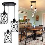 Depuley Vintage Pendant Light 3-Light, Black Metal Cage Hanging Chandelier Lights with Glass Shade, E27 Industrial Style Flush Mount Swag Ceiling Lighting Fixture for Kitchen Dining Room Hallway