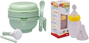 LuvLap 9 in 1 Baby Food Masher Mill, Food Grinder Cum Processor, with Multifunction Textured Mashing & Filtering Plates, with Serving Bowl (Light Green) & LuvLap Easy Squeezy Food Feeder - 180 ml