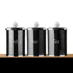 Amazing Gift Diamond Style Crystal containers for Coffee Tea Sugar Kitchen Storage tins, Canisters, Jars Set Crushed Diamond Loose Jewel (Black Crystal/Silver Edge)