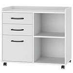 Rolanstar File Cabinet 3-Drawers, Mobile Lateral Filing Cabinet, Printer Stand with Open Storage Shelf, Rolling Filing Cabinet with Wheels for Letter Size,White