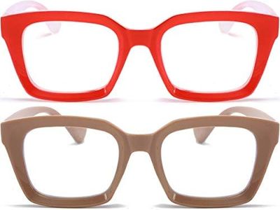 2 Pack Ladies Retro Oversized Reading Glasses Women Computer Reader Eyeglass, Red/Coffee, 1.5