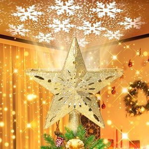 Christmas Tree Topper, Christmas Tree Topper Lighted with LED Snowflake Projector 3D Glitter Light, Christmas Star Tree Topper for Party Holiday Xmas Decorations Gifts