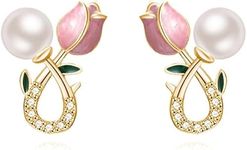 El Regalo Cute Tiny Pink Tulip Flower Bud Stud Earrings for Girls & Women (Tulip Bud with Pearl)