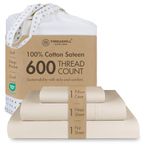 Threadmill 100% Cotton Sheets for Twin XL Size Bed - 600 Thread Count Twin XL Bed Sheets Set with 15” Deep Pocket - Sateen Weave 3-Piece Bedding Set with Cooling Effect, Beige
