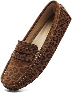 Osslue Women's Tan Leopard Suede Leather Casual Penny Loafers Retro Ladies Moccasins Driving Mocs Comfort Slip-On Fashion Boat Shoes Classic Flats 11 M US XYM-1208-BWE110
