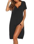 Ekouaer Sleepshirts Women Nightdress Short Sleeve Nightshirt Button Down Nightgown Sleepdress Summer, Black Medium