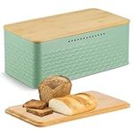 Pitmoly Bread Box, Metal Bread Container with Bamboo Lid, Bread Storage Container for Kitchen Countertop, Large Modern Bread Bin 13" x 7" x 5.3" (Green)