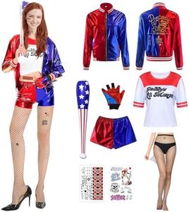 Pardofelis Costume de cosplay Quinn pour adulte, costume d'Halloween pour fille, kit comprenant veste, t-shirt, short, gant et méchant pour Halloween, carnaval (XL)