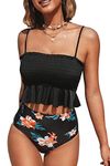 CUPSHE Women's Bandeau Smocked Bikini Swimsuit Ruffled High Waisted Bikini Sets Two Pieces Bathing Suits Black L