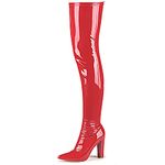 WSKEISP Women's Thigh High Boots Patent Leather PU Heeled Over The Knee High Boots Sexy Pointed Toe Chunky Heel GOGO Boots, Red, 10